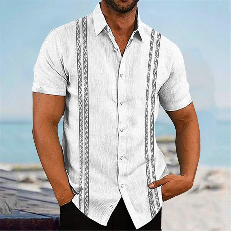 Men's Linen Shirts Casual Long Sleeve Shirts Striped Lapel Hawaiian Holiday Outfits Clothing Comfortable Tops