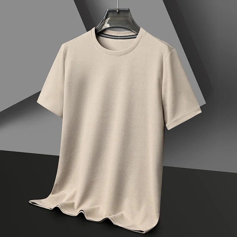 Short sleeved Polo shirShort sleeved Waffle Solid Polot fashion splicing men's round neck top cotton daily short sleeved T-shirt