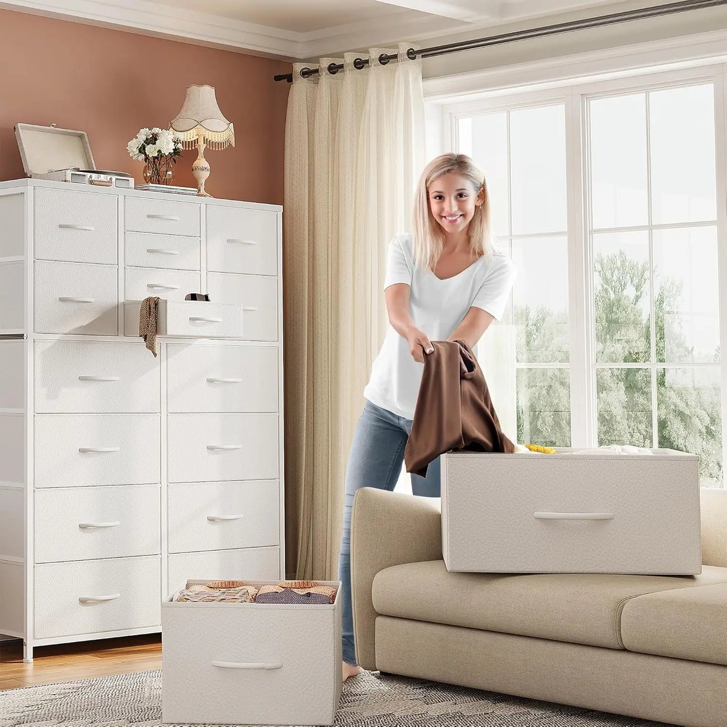 White Dresser,Dresser for Bedroom with 16 Drawers, Tall Dressers & Chests of Drawers with Wood Top, Metal Frame,Tall Dre