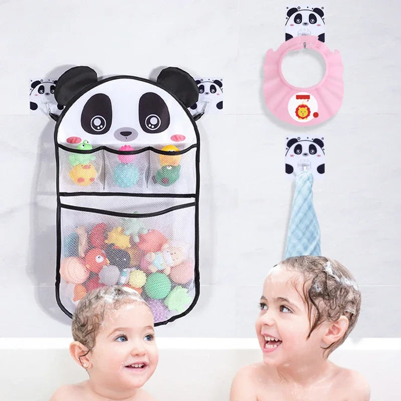 Cute Cartoon Transparent Multifunction Bath Toy Organizer Baby Bathroom Mesh Suspendable Shower Products Game Bag with 2pcs Hook