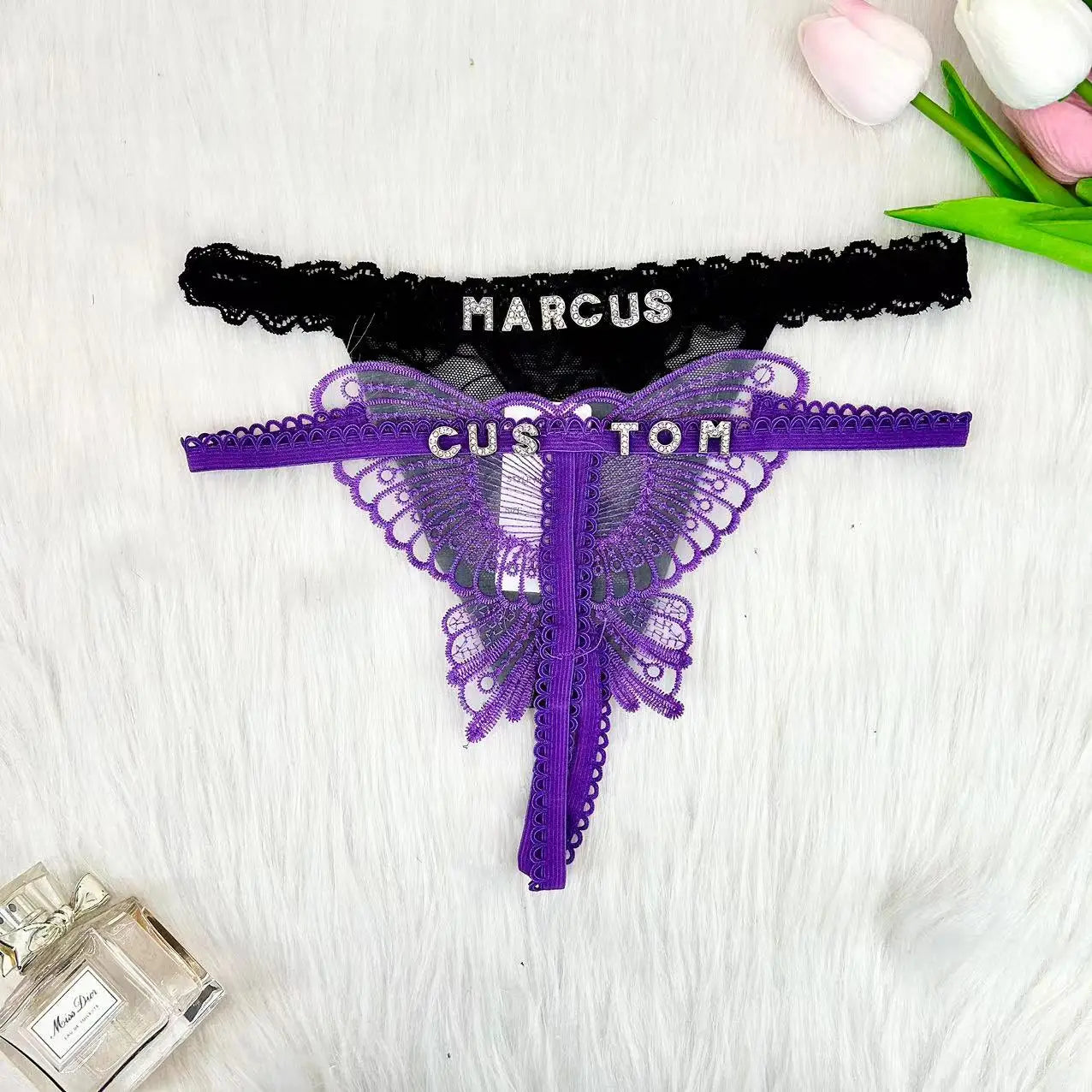 Customize Thong Panties Hollow Butterfly 2PC/set Name Gifts For Women Custom Hotwife Lingerie Underpants Lace String Underwear