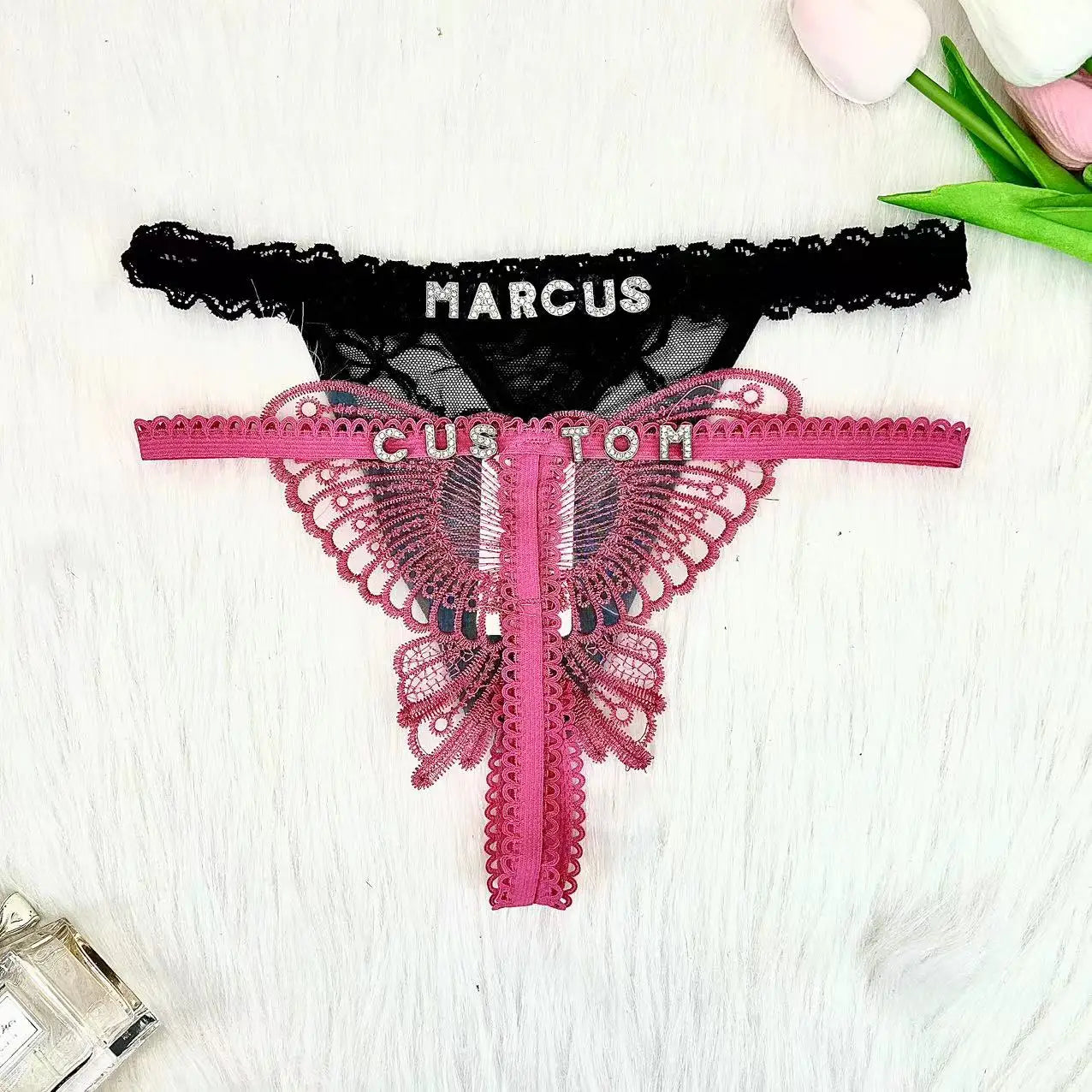 Customize Thong Panties Hollow Butterfly 2PC/set Name Gifts For Women Custom Hotwife Lingerie Underpants Lace String Underwear