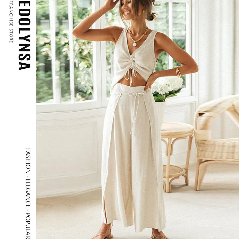 Summer Casual Two Piece Set Cotton Linen Drawstring Crop Top Split Lace Up Wide Leg Pants Loungewear Women's Home Suits Y120