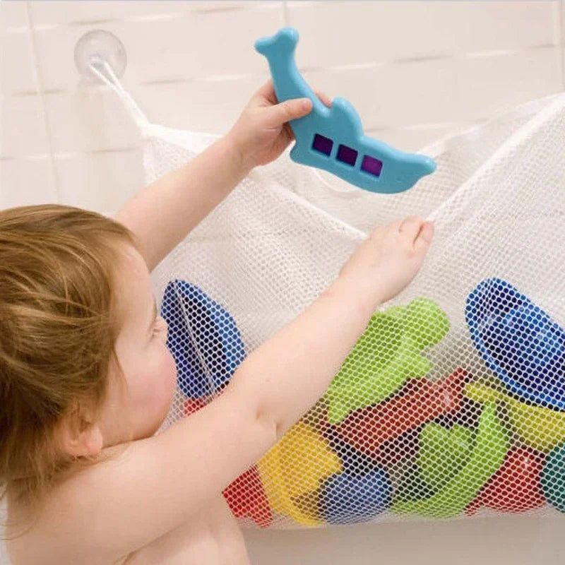 Convenient Baby Bath Toy Organizer with Strong Suction Cups, White Square Mesh Net Bag for Shower Products and Clothes Storage