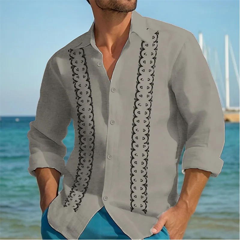 Men's Linen Shirts Casual Long Sleeve Shirts Striped Lapel Hawaiian Holiday Outfits Clothing Comfortable Tops