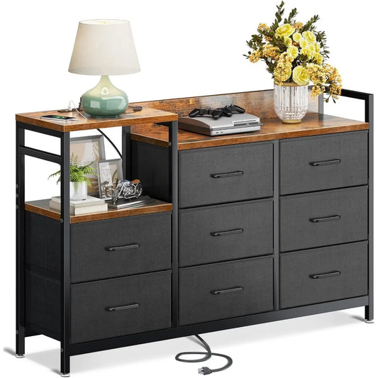 Dresser with Charging Station, 52-Inch Long Dresser for Bedroom with 8 Storage Drawers, Fabric Dressers Chests of Drawers with