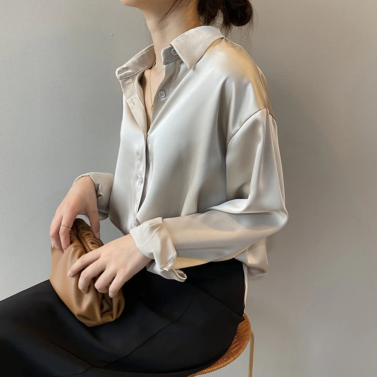 Spring Fashion Button Up Satin Silk Shirt Vintage Blouse Women White Tops Lady Long Sleeves Female Loose Street Shirts 11355