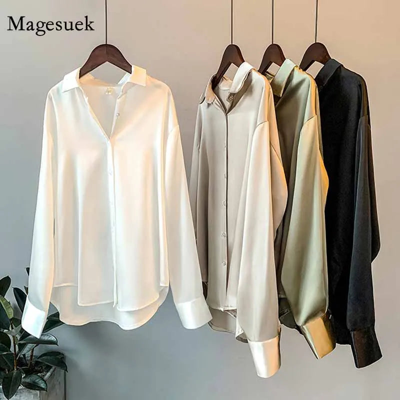 Spring Fashion Button Up Satin Silk Shirt Vintage Blouse Women White Tops Lady Long Sleeves Female Loose Street Shirts 11355