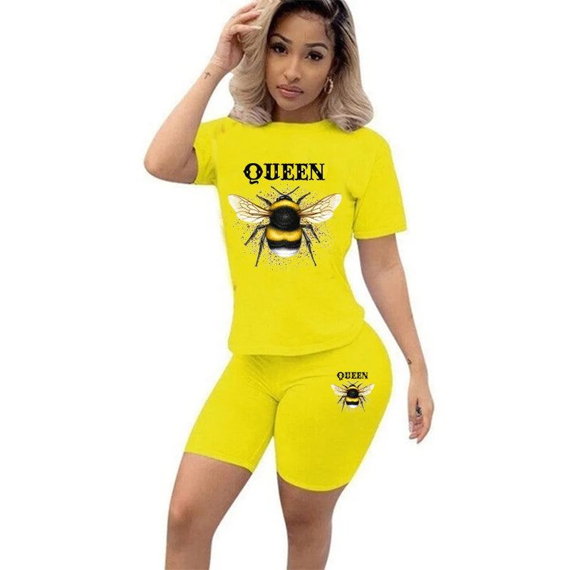 Women Two Piece Set Summer Short Sleeve O-Neck Tee Tops+Pencil Shorts Suits Tracksuits Outfit Graphic T Shirts Jogging Suits