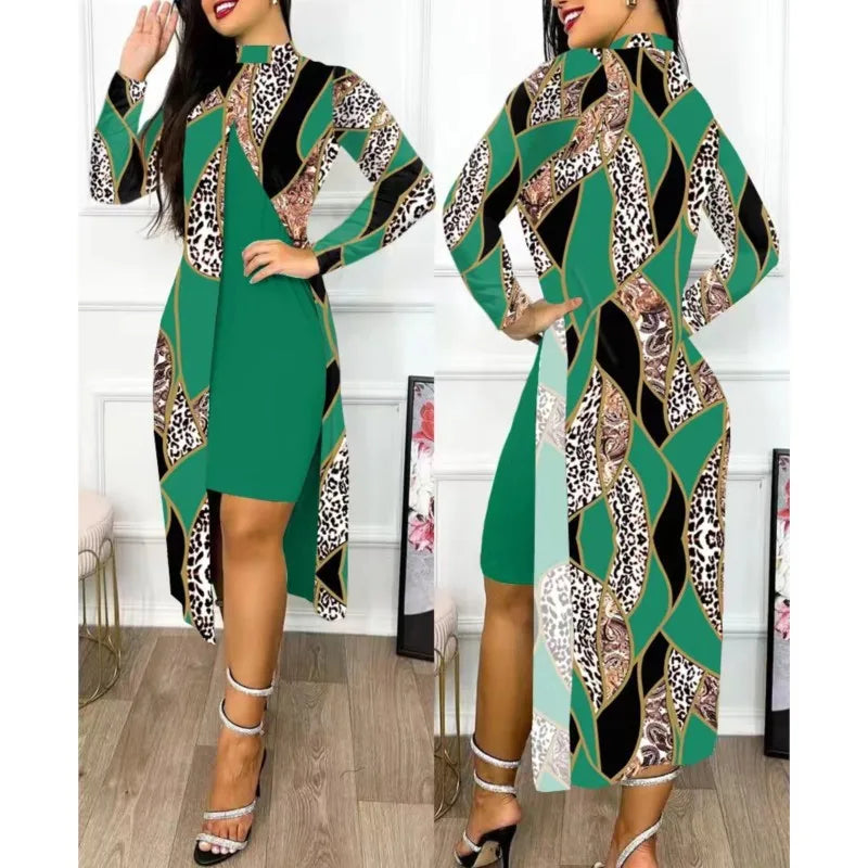 Two Piece Set Women Print Dresses Sets Full Sleeve Half High Collar Split Cardigan Dress Suits Elegant A Line Office Lady