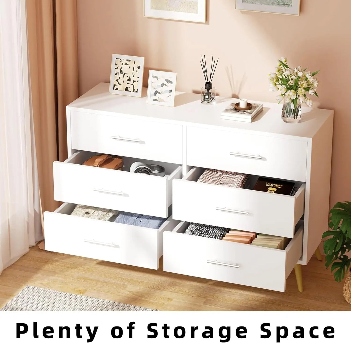 6 Drawer Dresser, Wide Chest of Drawers Organizer Storage with Drawers, Large Storage Cabinet, Modern Design Dresser for Bedroom