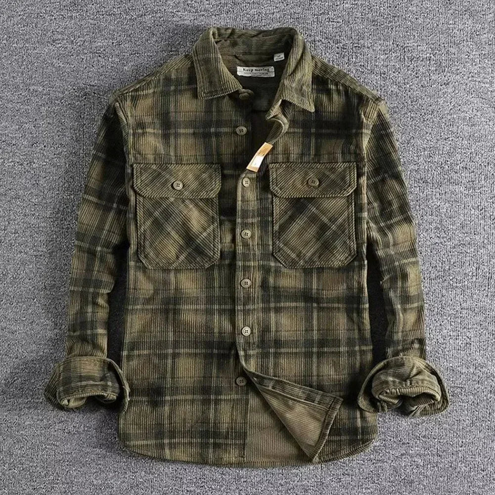 Fashion Mens Classic Plaid Shirts Washed Corduroy Thick Autumn Spring Long Sleeve Comfortable Shirt Coat Men Clothing