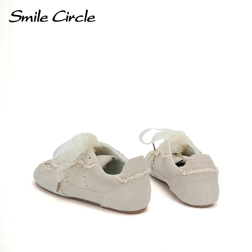 Smile Circle Women Sneakers Suede Leather Trainers Lace up Flat Shoes Fashion Casual Sneakers