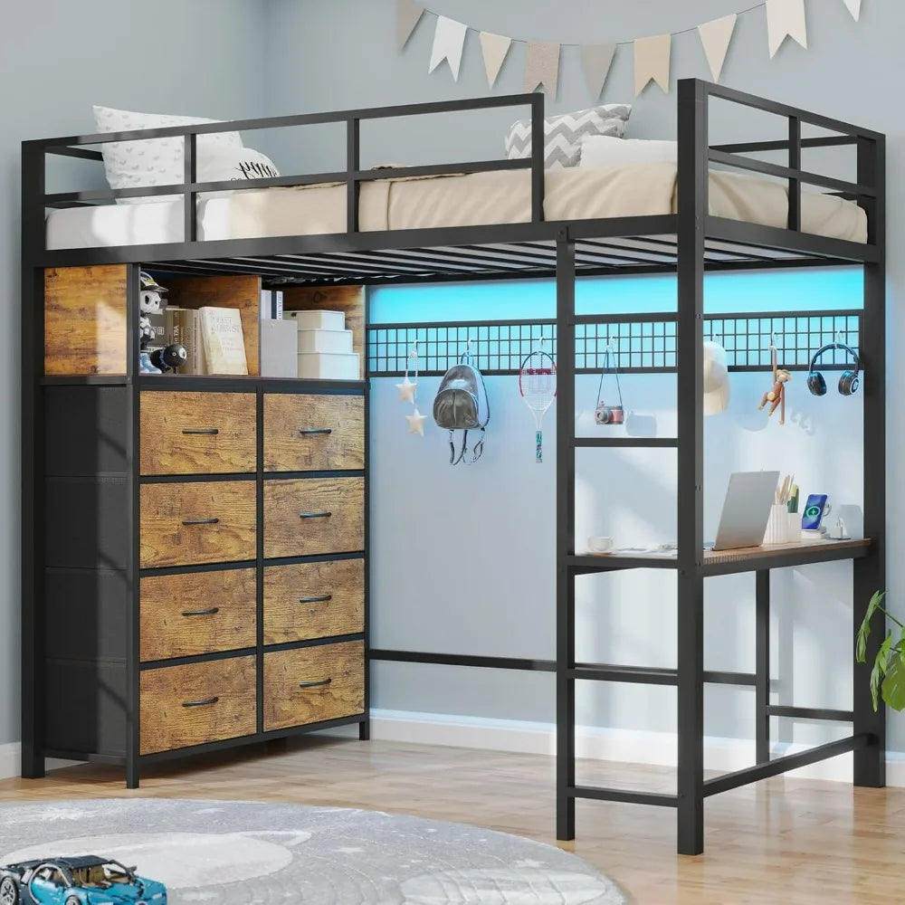 Twin Loft Bed with Desk & 8 Drawers Tall Dresser, Metal Loft Bed with LED Lights & Charging Station, 2-Tier Storage Shelves