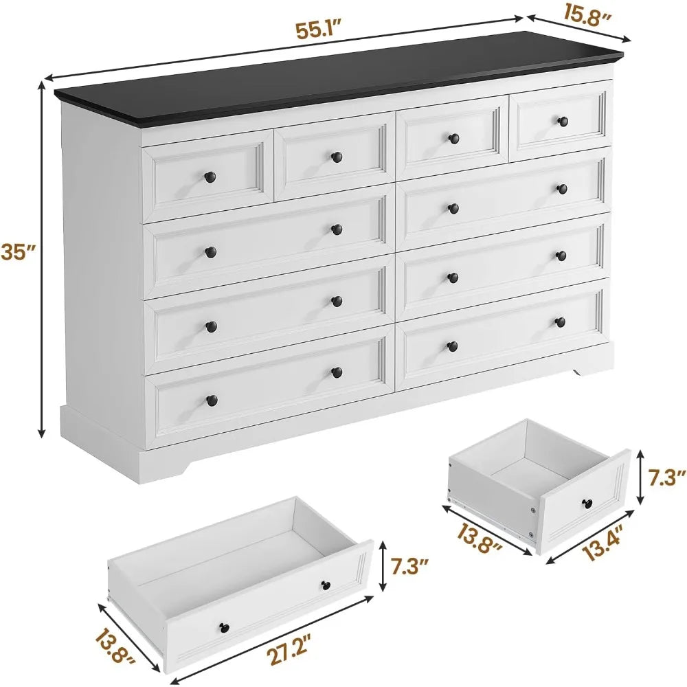 10 Drawers Dresser, Large Drawers White Dresser for Bedroom, Wood Dressers & Chest of Drawers for Bedroom, Living Room