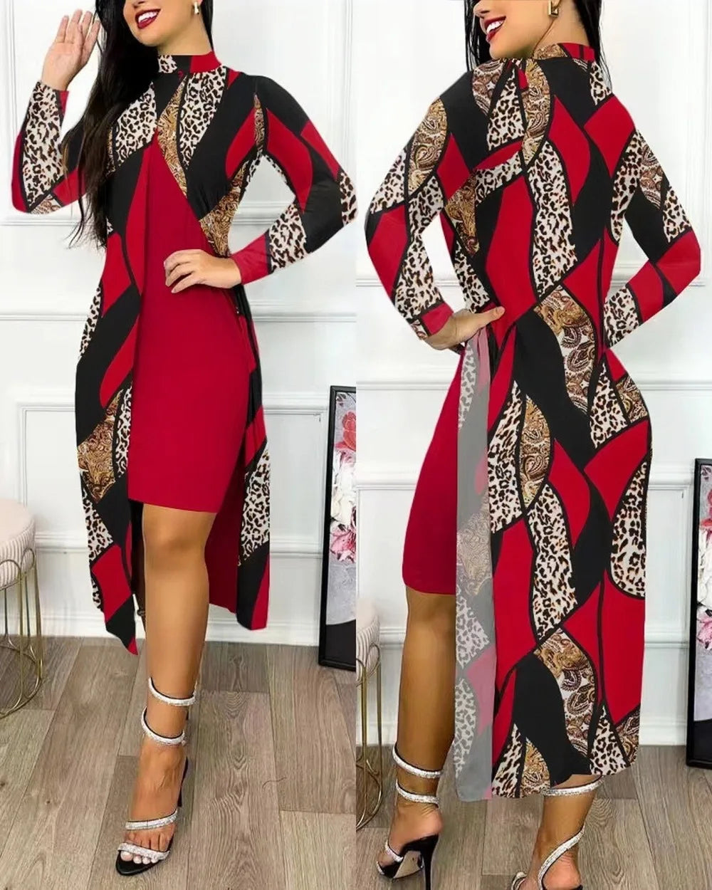 Two Piece Set Women Print Dresses Sets Full Sleeve Half High Collar Split Cardigan Dress Suits Elegant A Line Office Lady