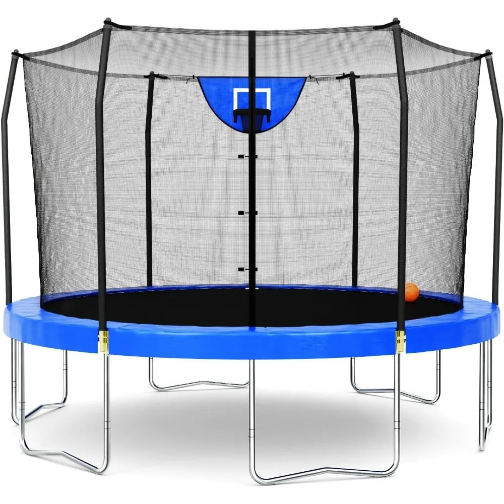 Trampoline Outdoor 12 FT, Jump N’ Dunk Round Outdoor Trampoline with Net, Trampoline Mat, and Basketball Hoop for Trampoline