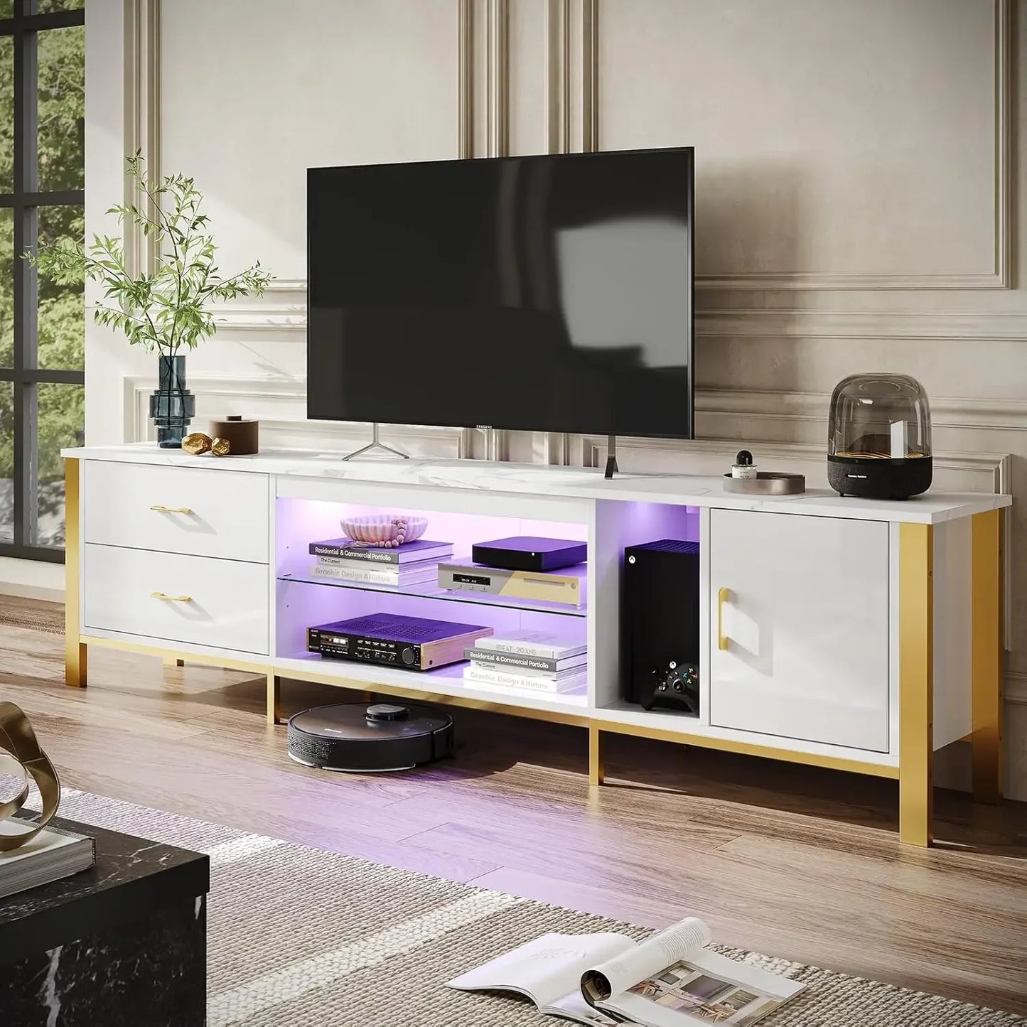 TV Stand, Modern TV Cabinet with Glass Shelves for Living Room, 2 Storage Drawers & Cabinets, LED Gaming Entertainment Center