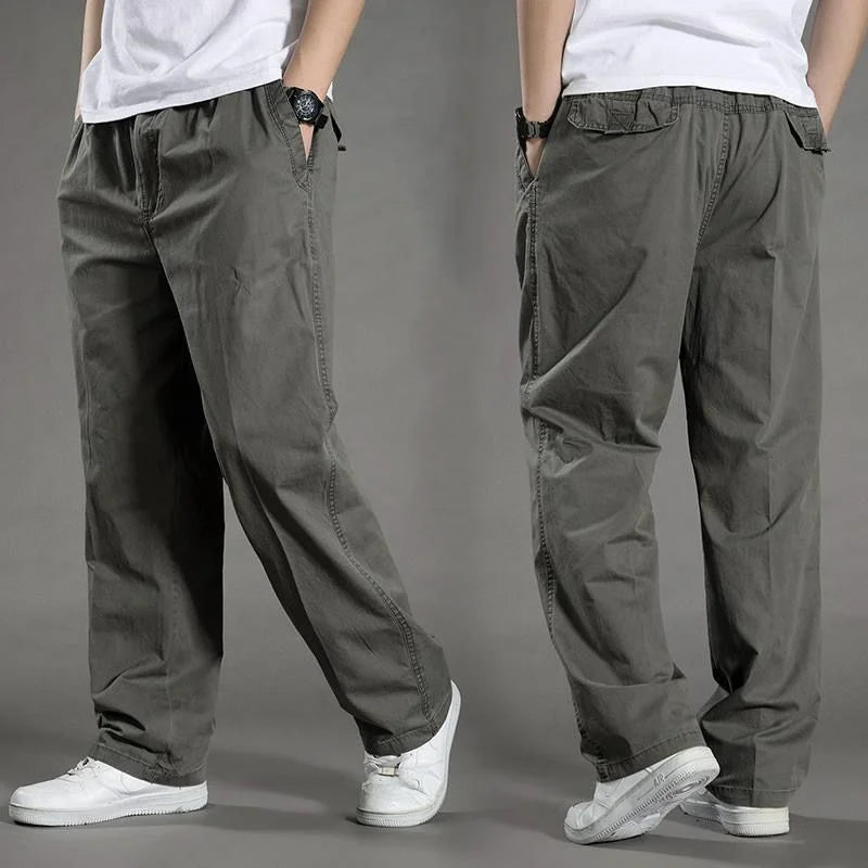 Big Size Men Oversize Cotton Cargo Wide Pants Summer Elastic Waist Multi-pocket Streetwear Joggers Casual Baggy Sports Trousers