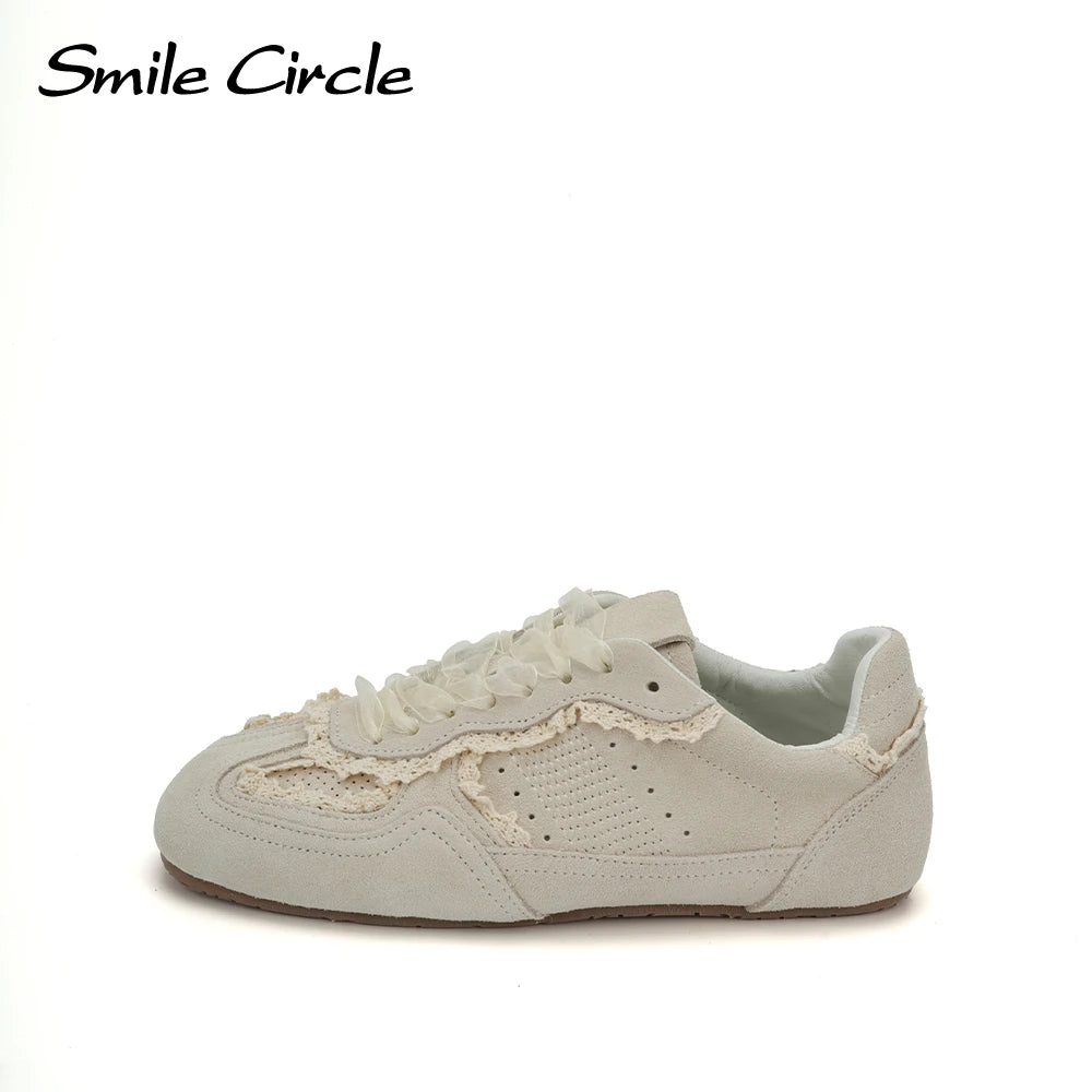 Smile Circle Women Sneakers Suede Leather Trainers Lace up Flat Shoes Fashion Casual Sneakers