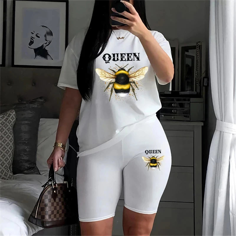 Women Two Piece Set Summer Short Sleeve O-Neck Tee Tops+Pencil Shorts Suits Tracksuits Outfit Graphic T Shirts Jogging Suits