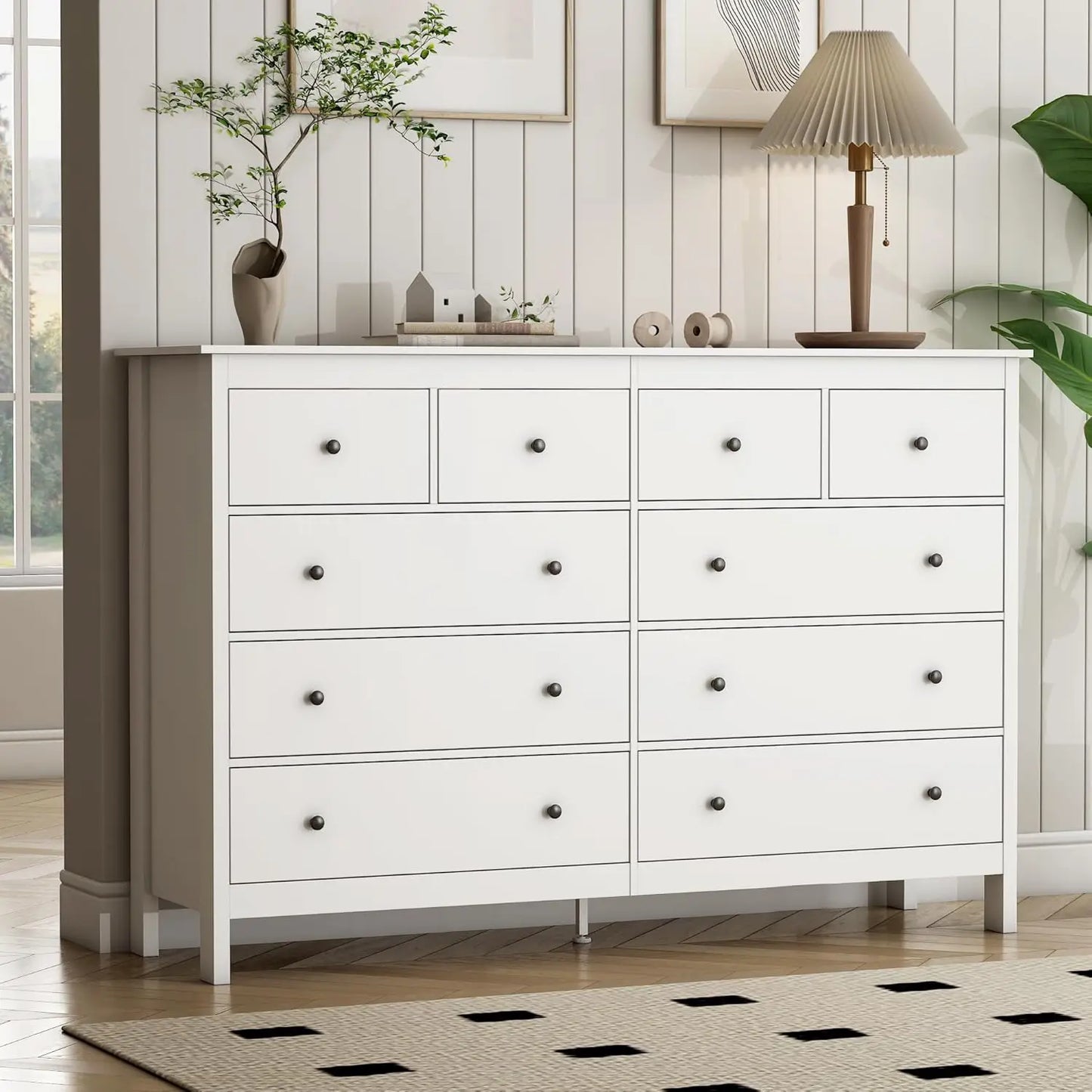 10 Drawer Dresser, 55" Modern White Dressers and Chests of Drawers, 10 Drawer Wide Dressers for Bedroom