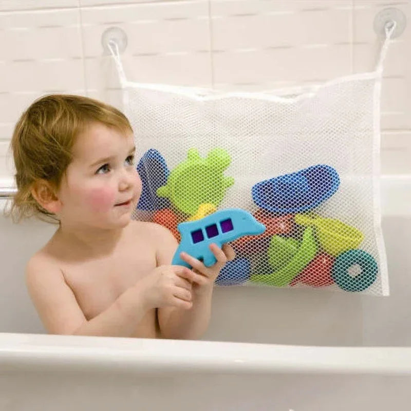 Convenient Baby Bath Toy Organizer with Strong Suction Cups, White Square Mesh Net Bag for Shower Products and Clothes Storage