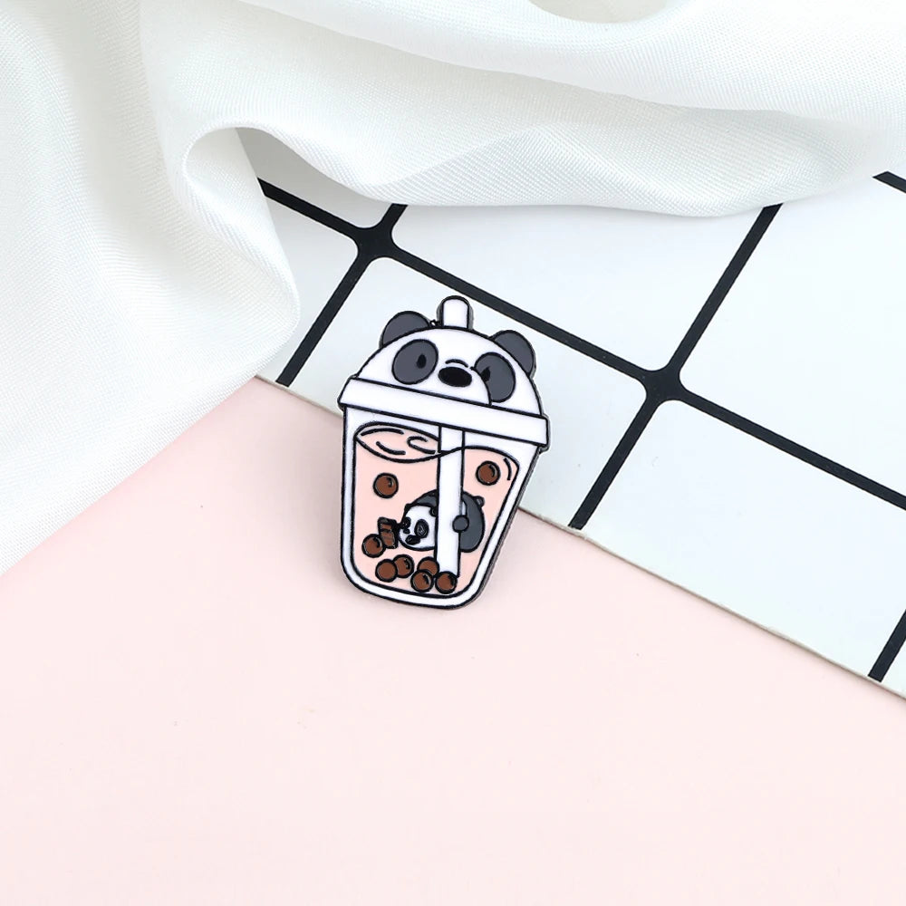 Smiling Panda Enamel Lapel Pins Funny Bubble Tea Animal Brooch Cute Pandas Backpack Badge Clothes Jewelry Gifts for Kids Friends