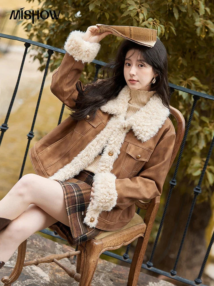 MISHOW Leather Fur Jacket Women Lamb Wool 2024 Winter Women Coat Fashion Soft Cotton Clip Thickened Spliced Jacket MXD56W0538