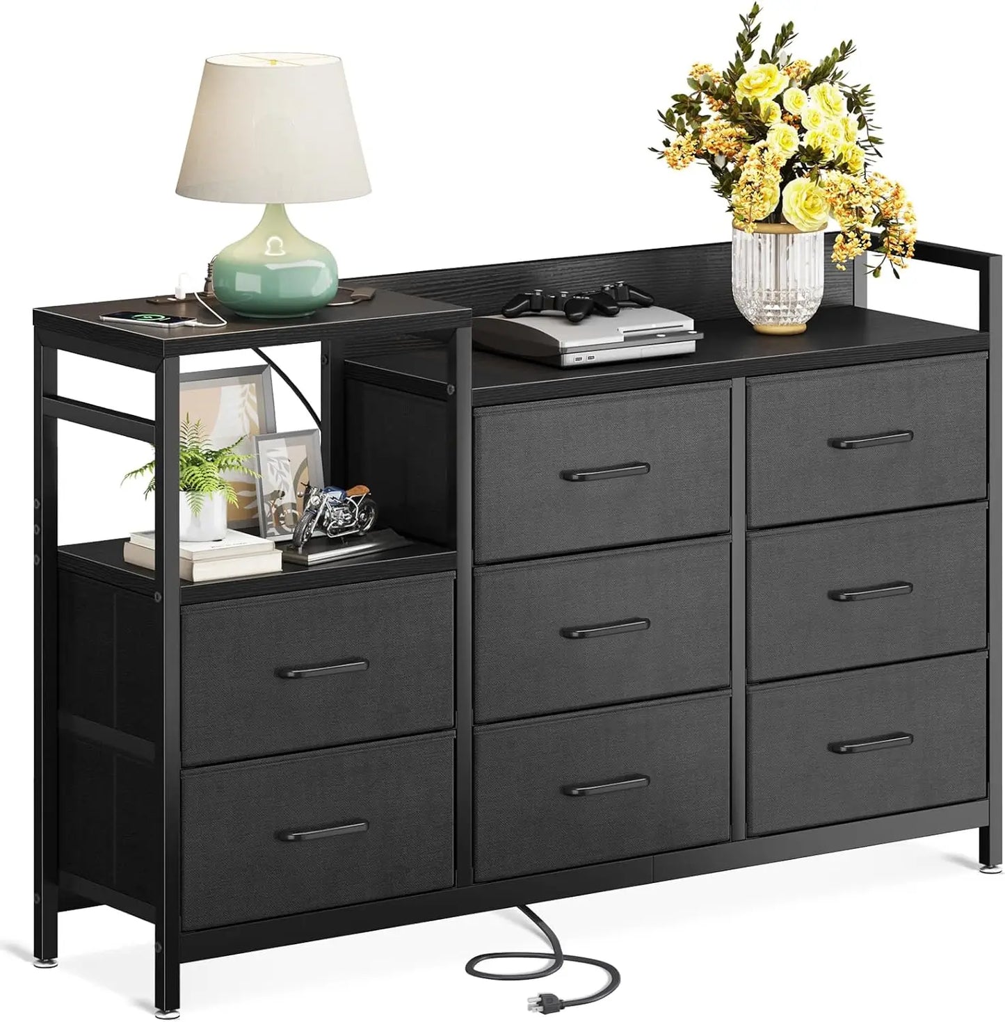 Dresser with Charging Station, 52-Inch Long Dresser for Bedroom with 8 Storage Drawers, Fabric Dressers Chests of Drawers with