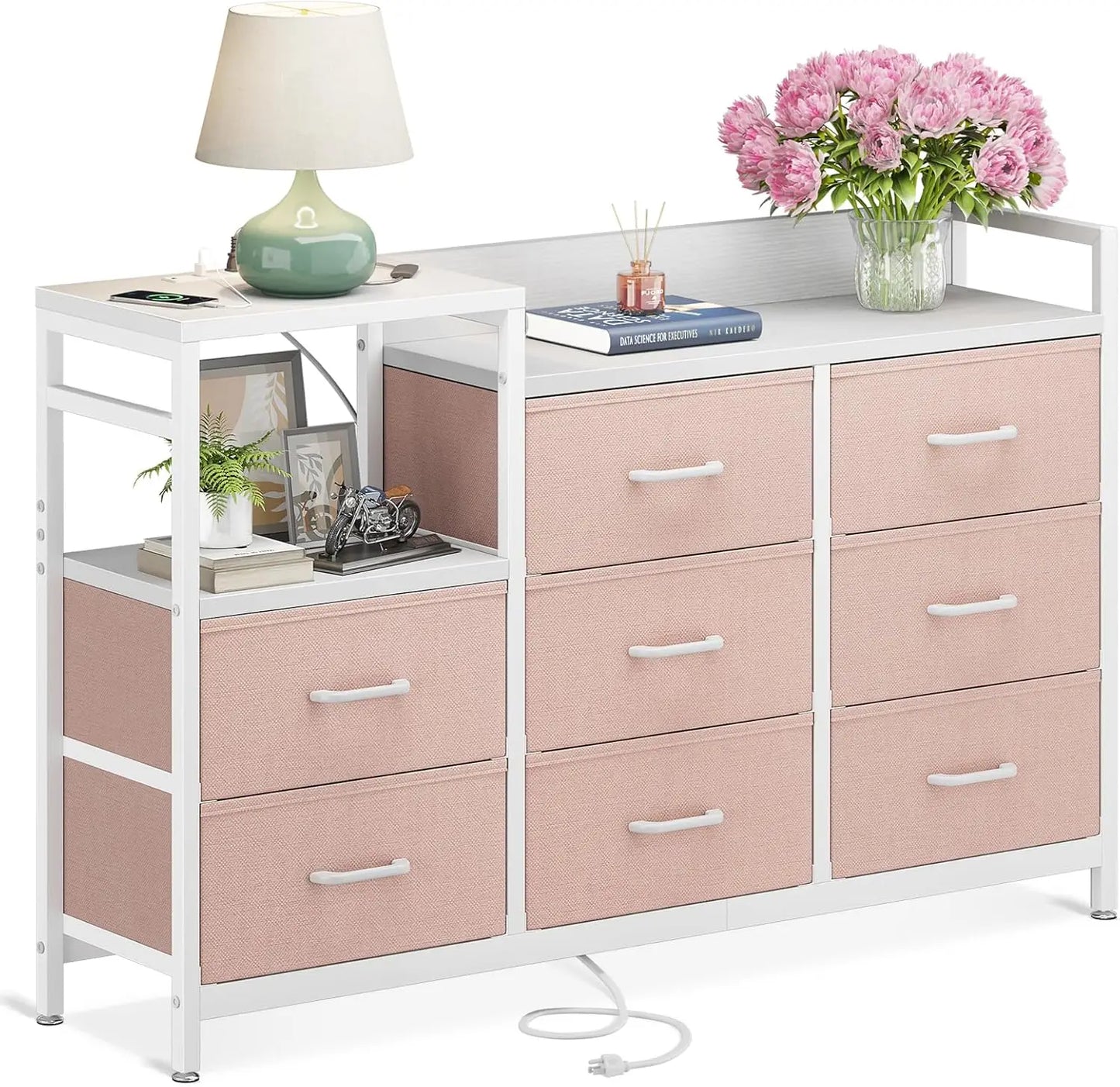 Dresser with Charging Station, 52-Inch Long Dresser for Bedroom with 8 Storage Drawers, Fabric Dressers Chests of Drawers with