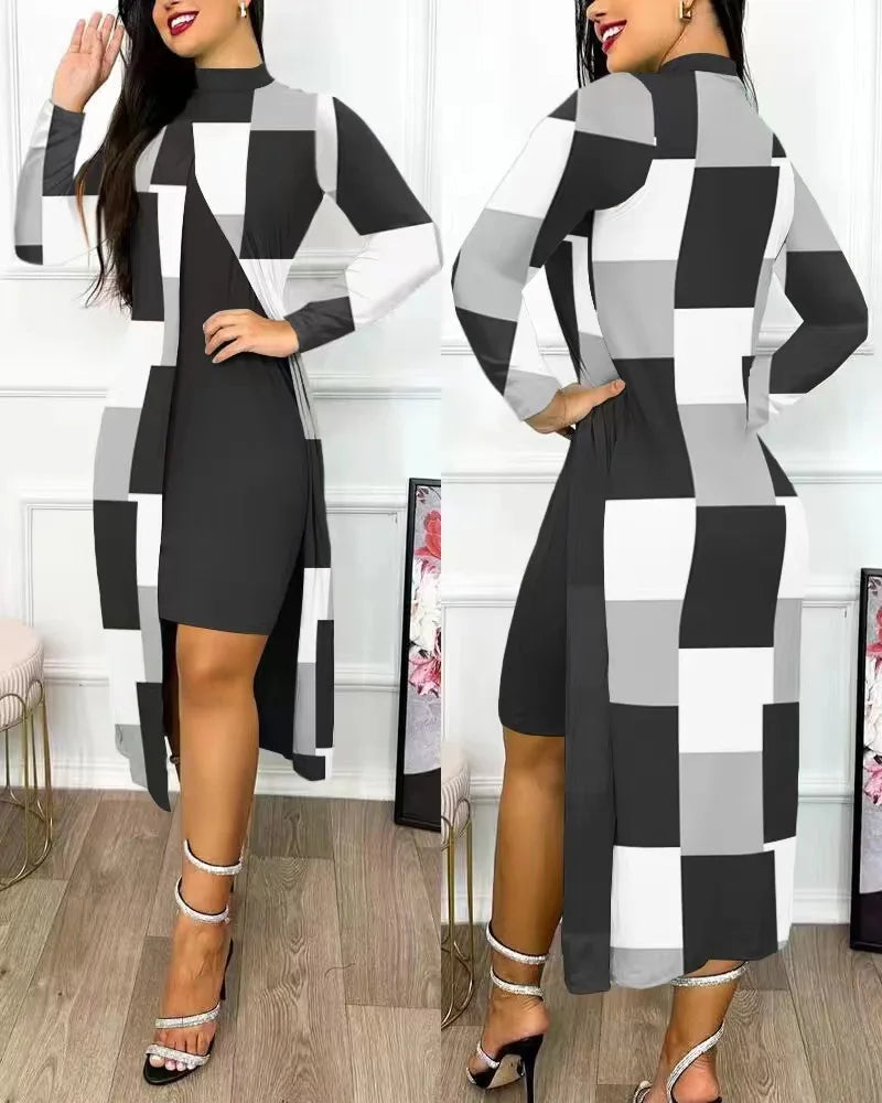 Two Piece Set Women Print Dresses Sets Full Sleeve Half High Collar Split Cardigan Dress Suits Elegant A Line Office Lady