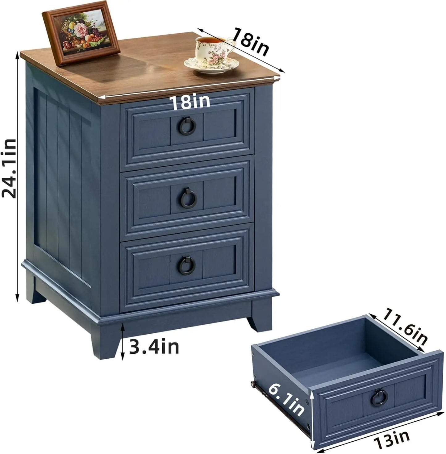 Farmhouse 18" End Table with 3 Drawer Metal Handle, Dresser for Bedroom, Sofa Bed Side Table Chest of Drawers,Wood Nightstand Ca