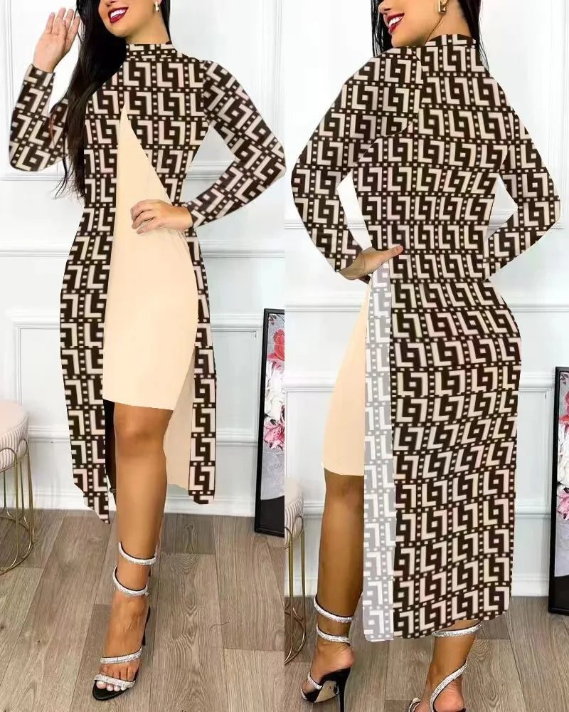 Two Piece Set Women Print Dresses Sets Full Sleeve Half High Collar Split Cardigan Dress Suits Elegant A Line Office Lady