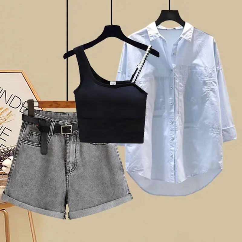 Spring and Summer Women's Suit New Fashionable Sun Protection Shirt Small Suspender Slimming Denim Shorts Three Piece Set