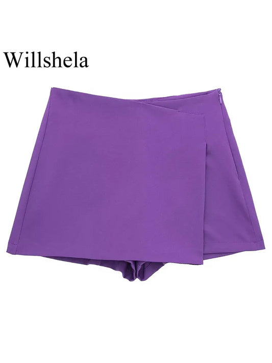 Willshela Women Fashion Solid Asymmetrical Side Zipper Skirts Shorts Vintage High Waist Female Chic Lady Shorts