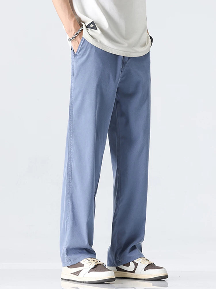 Coffee Ultra-thin Wide Pants Men Lyocell Fabric Breathable Soft Straight Casual Trousers Loose Simple Male Sweatpants