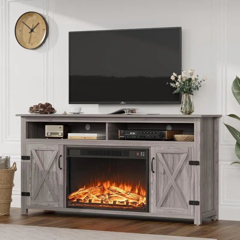 Fireplace TV Stand for TVs Up to 65+ Inch Entertainment Center with Open Storage Shelves and Side Cabinets