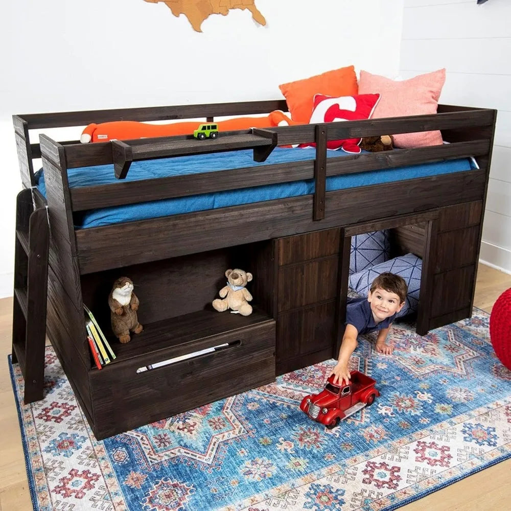 bed.Loft Bed Twin Size,Solid Wood Low Loft Bed with Storage Drawer and Ladder, Modern Farmhouse Loft Bed for Kids,Barnwood Brown